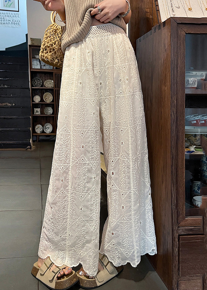 White Embroidered Hollow Out Cotton Pants Summer