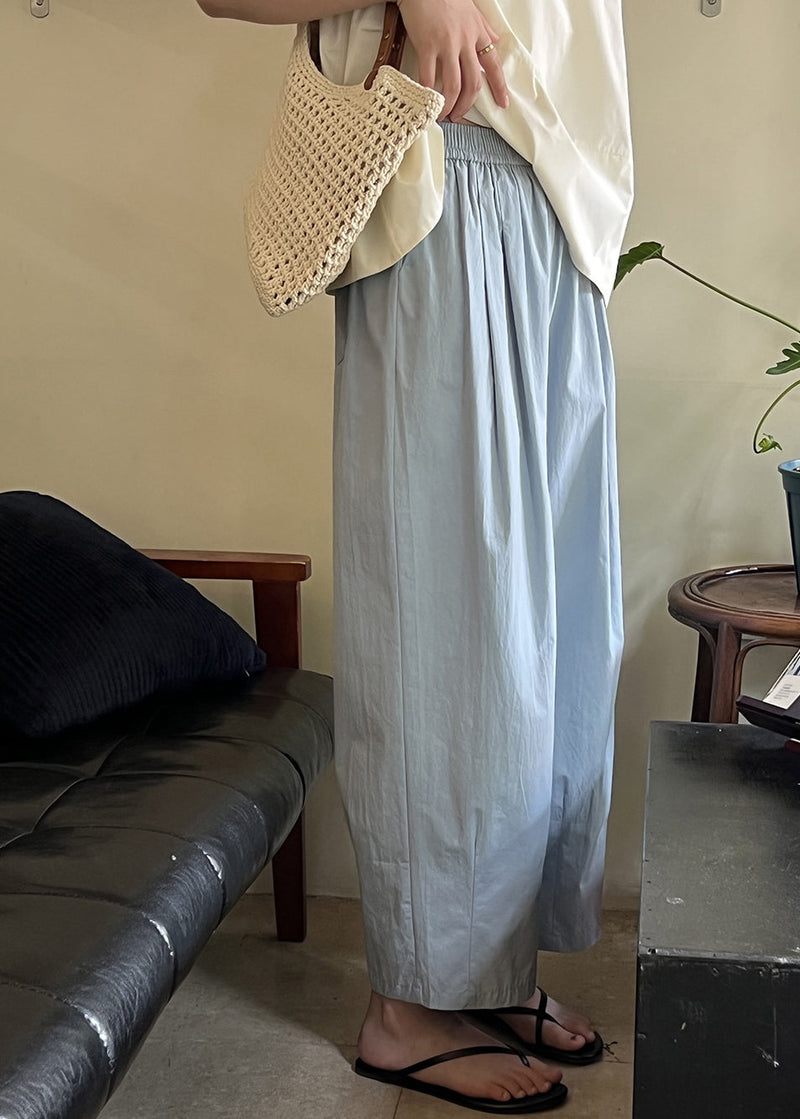 Blue Loose Cotton Crop Pants Elastic Waist Summer