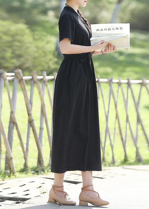 Black Linen Cotton Robes Shape Tie Waist Maxi Summer Dress