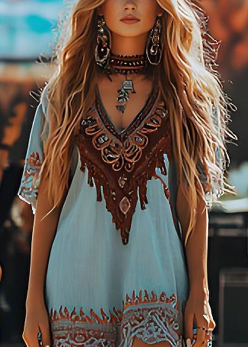 Blue V Neck Print Cotton Mid Dresses Summer