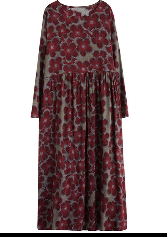 Loose Cotton and Linen Print Dress Long Sleeve