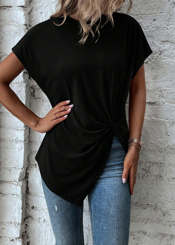 Black O Neck Asymmetrical Cotton Top Summer
