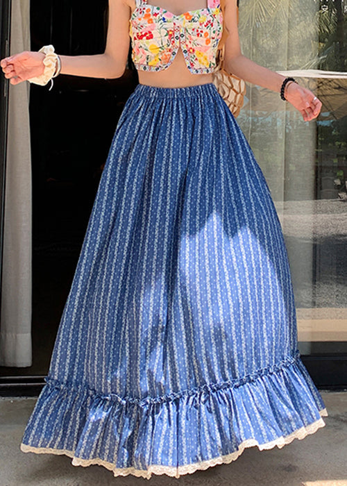 Blue Ruffled Print Elastic Waist Cotton Maxi Skirts Summer