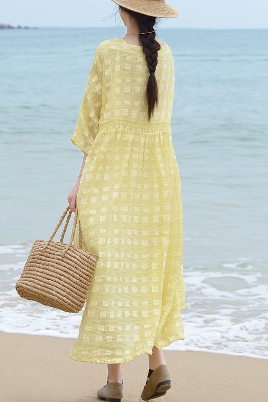 Summer Short Sleeve Dress Tencel Checkered Long Dress