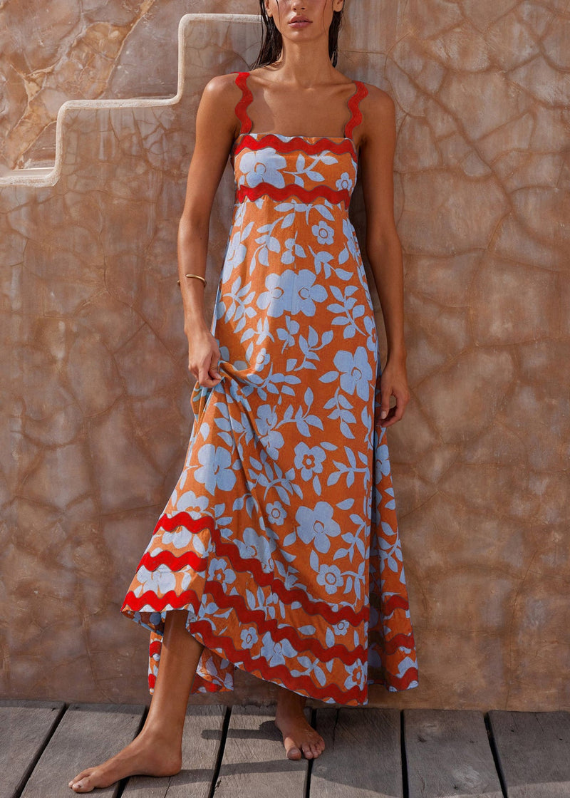 Orange Print High Waist Cotton Spaghetti Strap Dress Sleeveless