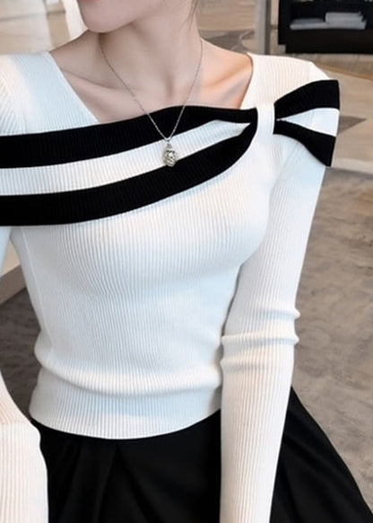 Slim Fit White Striped Patchwork Knit Sweaters Spring