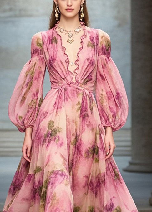 Rose Ruffled Print Exra Large Hem Chiffon Party Dresses Fall