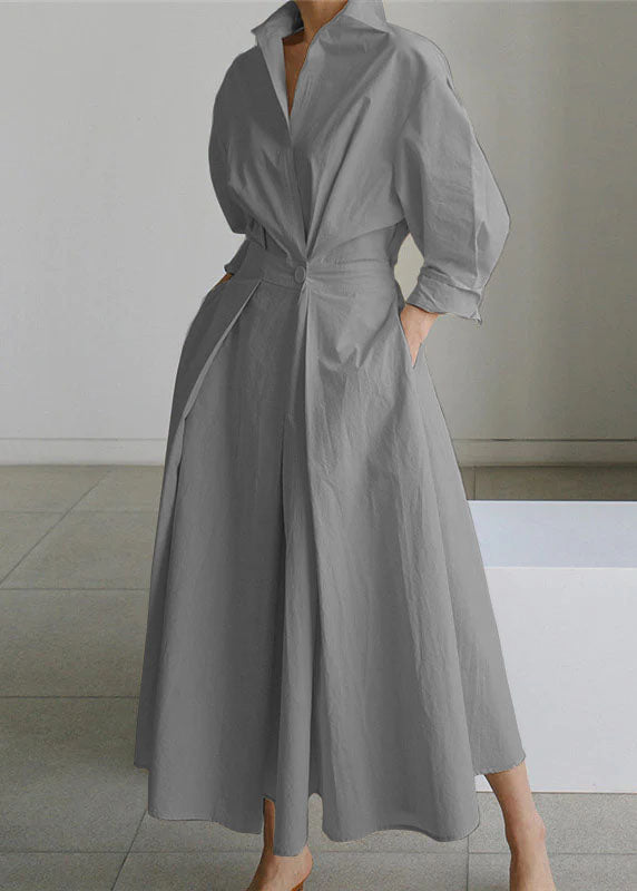 Beige Peter Pan Collar Pockets Cotton Dress Long Sleeve