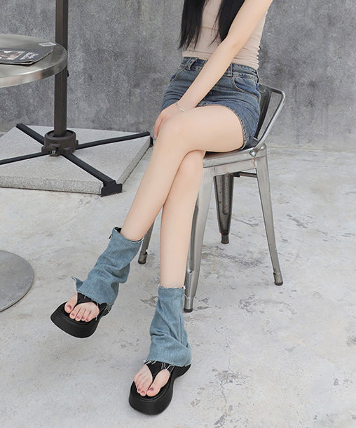 Khaki Platform Hollow Out Denim Thong Sandals Boots