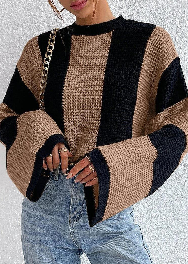 Khaki O Neck Striped Knit Sweaters Fall
