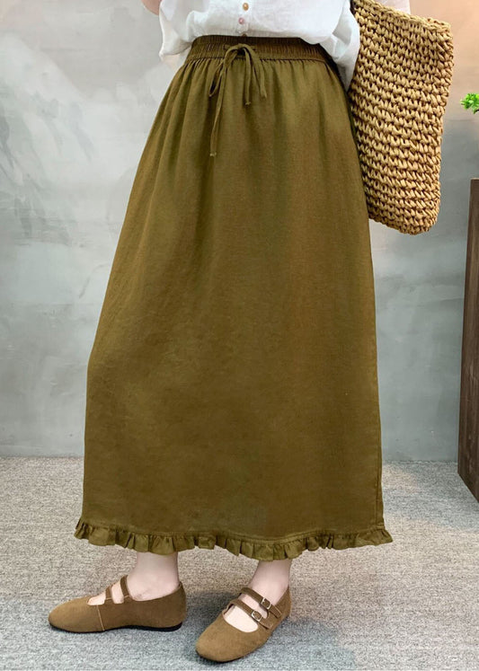New Green Ruffled Patchwork Elastic Waist Linen Skirt Summer