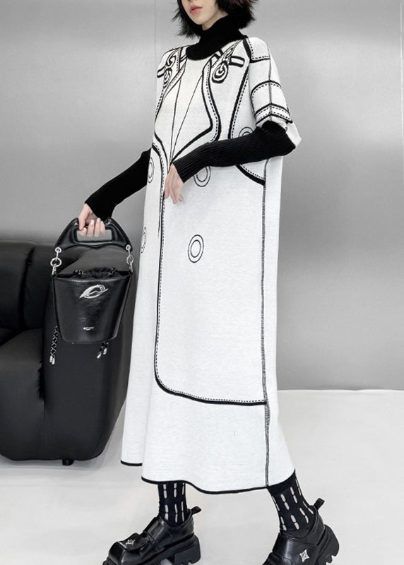 Classy Black Turtleneck Print Wear on Both Sides Cotton Knit Long Sweater Dress Fall