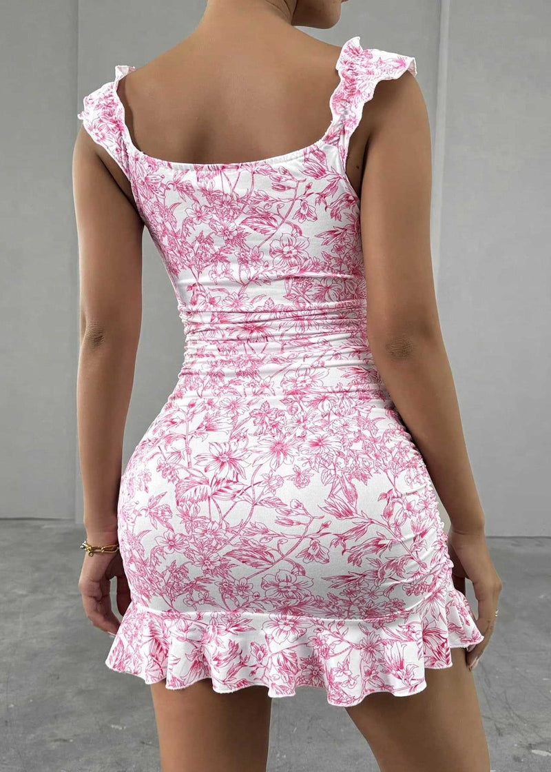 Pink Ruffled Cold Shoulder Print Cotton Dress Summer