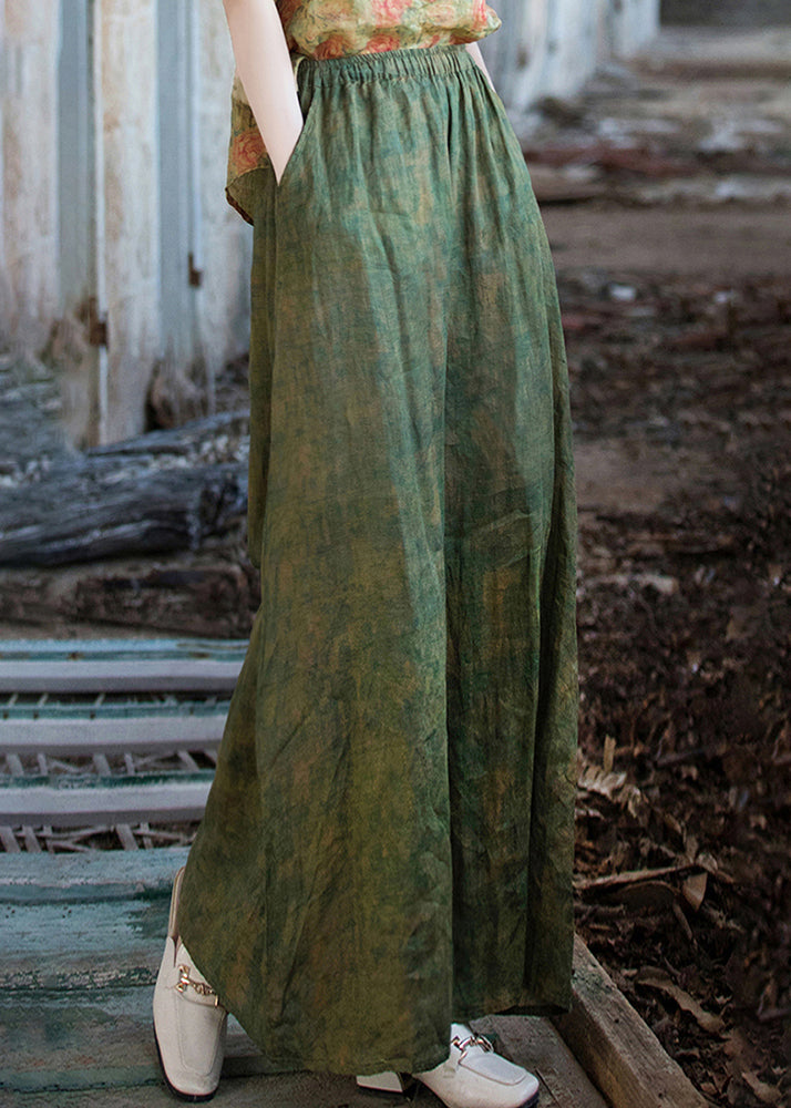Green Print Pockets Linen Wide Leg Pants Summer