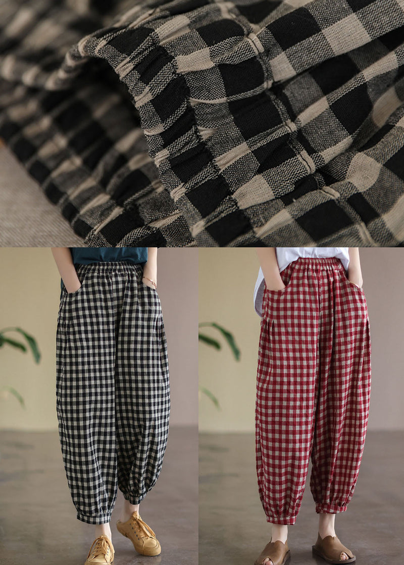 Black Plaid Pockets Linen High Waist Crop Pants Summer