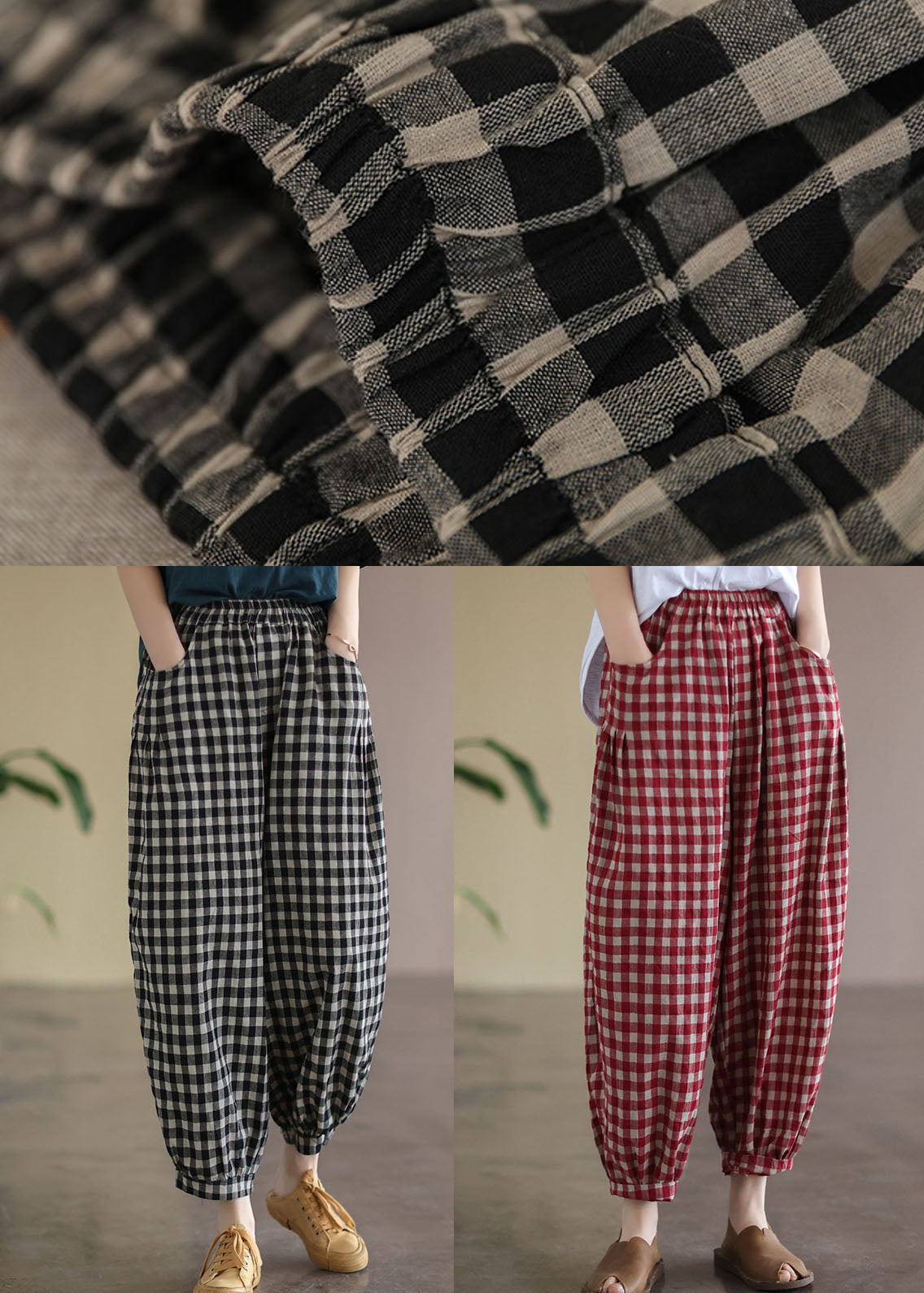 Red Plaid Pockets Elastic Waist Linen Crop Pants Summer