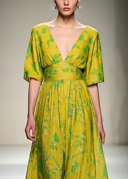 Grass Green V Neck Print Cotton Vacation Dresses Summer