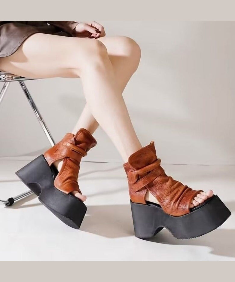 Black Cowhide Leather Splicing Platform Sandals Boots Peep Toe