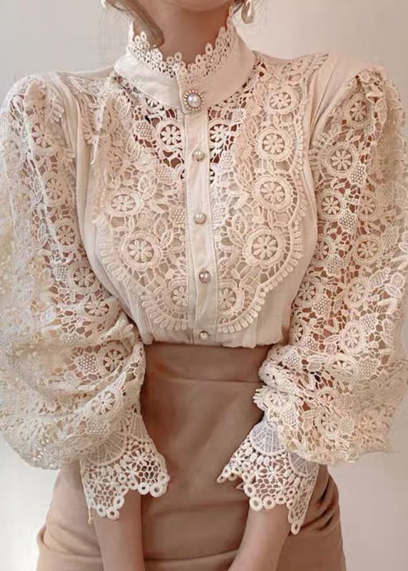 French Apricot Hollow Out Patchwork Lace Tops Spring