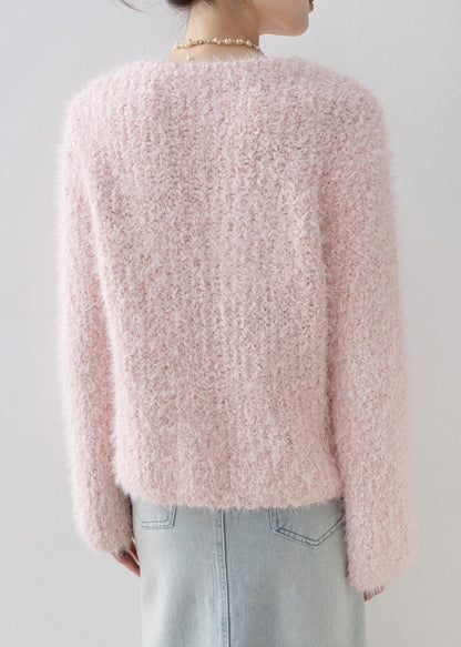 French Pink V Neck Knit Sweater Tops Spring