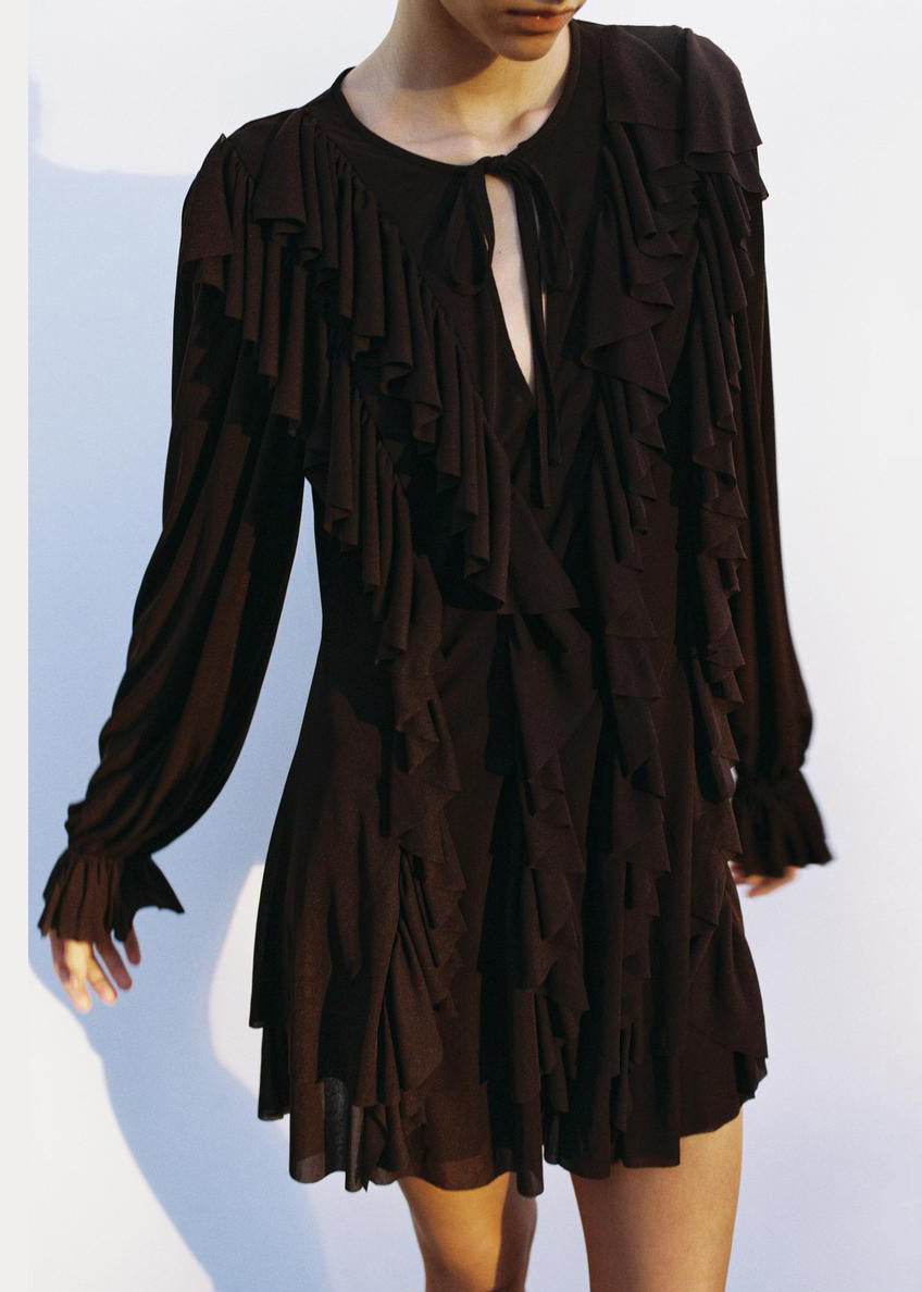 Chocolate Ruffled Lace Up Cotton Mini Dress Butterfly Sleeve
