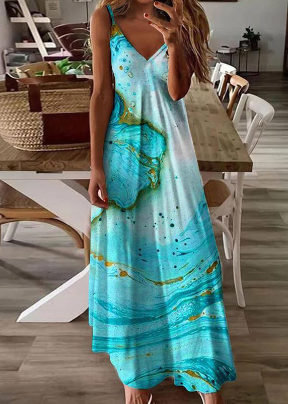 Feather Print V Neck Cotton Long Dresses Sleeveless