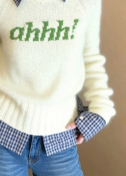 Diy Beige Letter Patchwork Knitted Fake Two Piece Sweater Winter