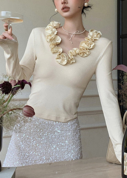 Apricot Ruffled Cotton T Shirt V Neck Spring