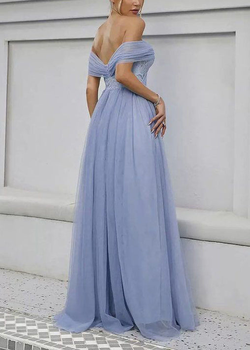 Blue Slash Neck High Waist Tulle Maxi Dress Summer