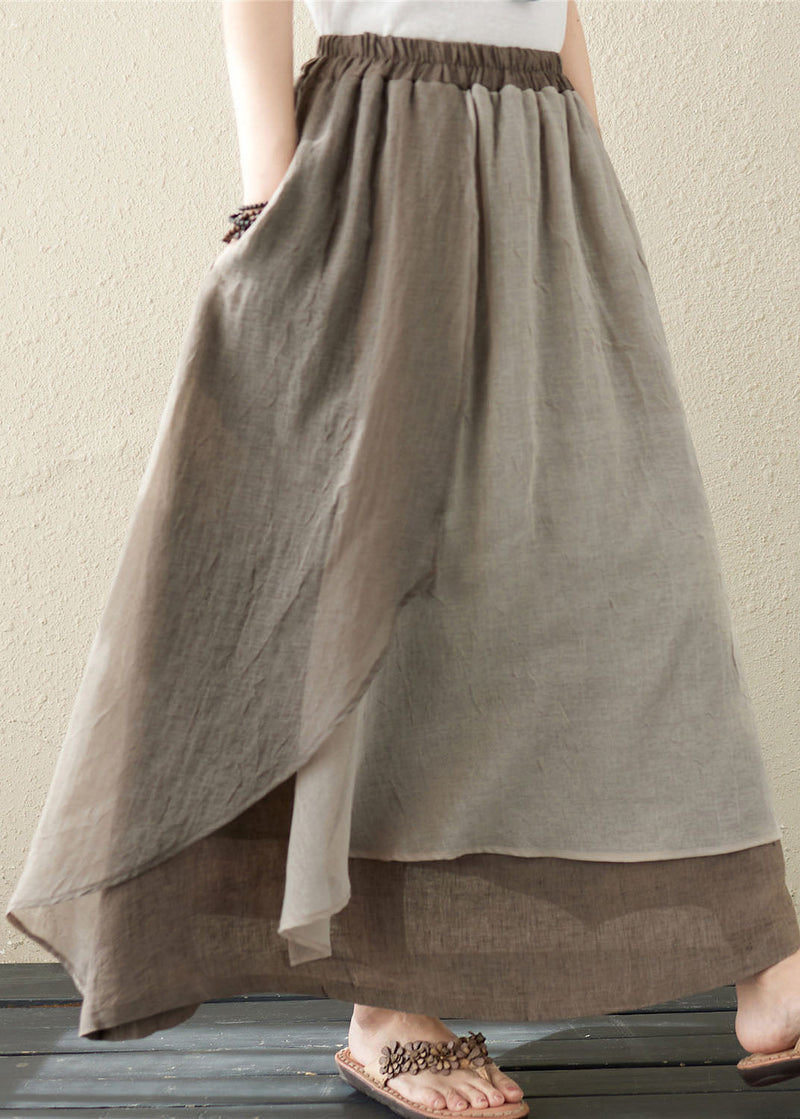 Khaki Pockets Asymmetrical Design Patchwork Linen Skirt