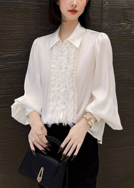 Pink Peter Pan Collar Silk Shirt Lantern Sleeve