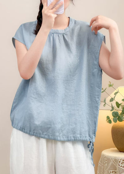 Blue Button Lace Up Linen Shirts Summer