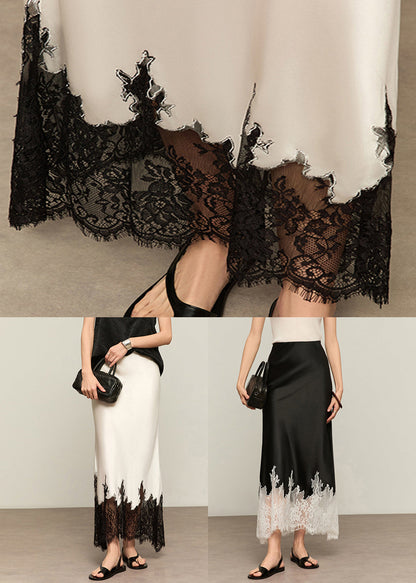 French White Lace High Waist Patchwork Silk Skirts Summer