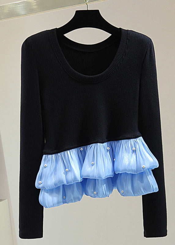 Black Chiffon Patchwork Nail Bead Cotton Knit Top Winter