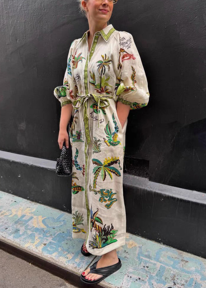 Green Print Pockets Tie Waist Linen Blouses Dresses Spring