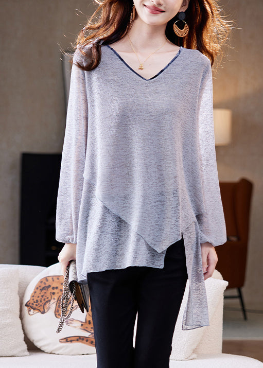 Loose Grey Asymmetrical Thin Knit T Shirts Fall