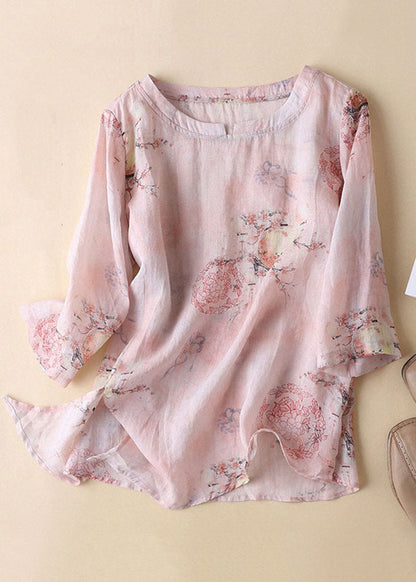 Diy Pink O-neck Print Side Open Cotton Linen Tops Half Sleeve