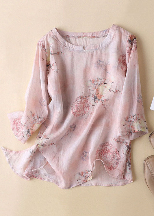 Diy Pink O-neck Print Side Open Cotton Linen Tops Half Sleeve
