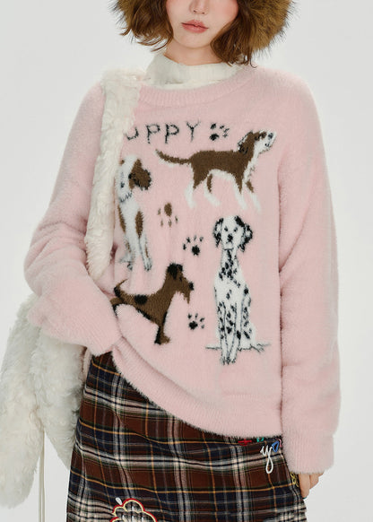 Cozy Pink Puppy Jacquard Knitted Tops Winter