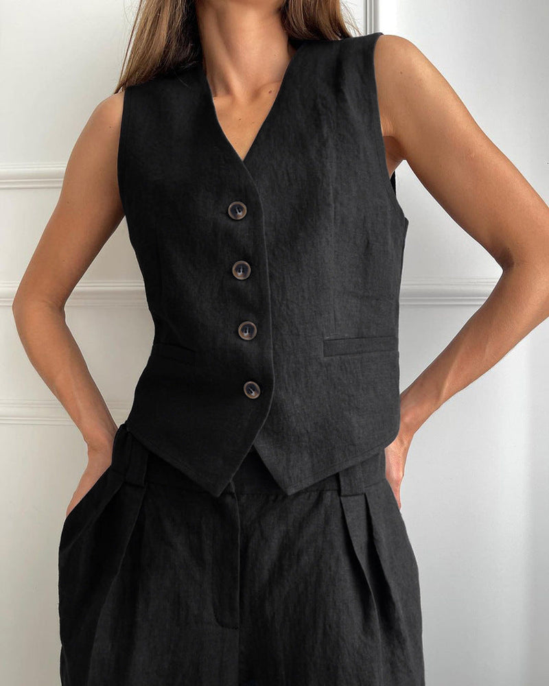 Color Cotton and Linen V-neck Vest Long Pants Set