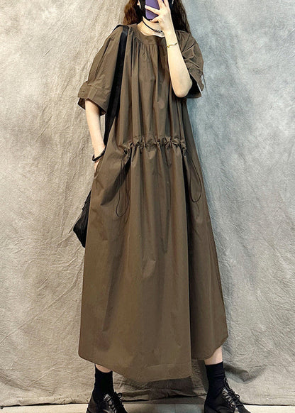 Coffee O-neck Drawstring Cotton Dresses Summer