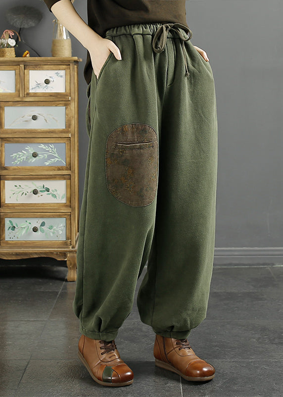 Coffee Pockets Elastic Waist Thick Warm Fleece Pants Winter