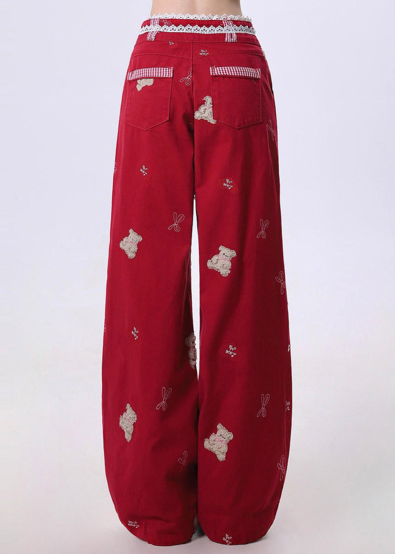 Red Embroidered Patchwork Denim Pants Spring