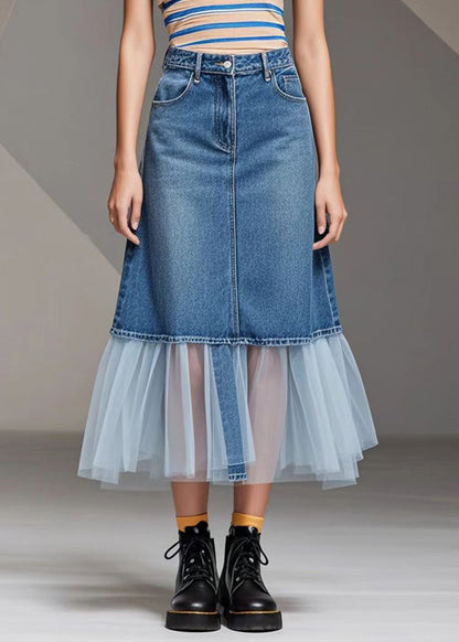 Natural Blue Silm Fit Patchwork Denim Tulle Skirt Spring