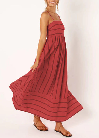 Pink Striped Patchwork Cotton Spaghetti Strap Dress Summer