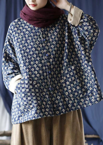 Blue Oversized Print Linen Coat Spring