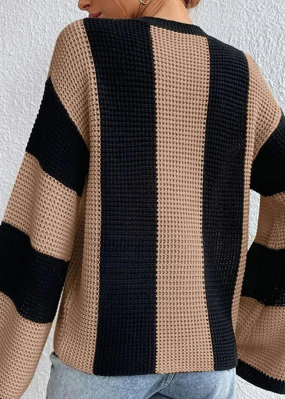 Khaki O Neck Striped Knit Sweaters Fall