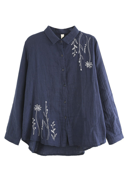 Navy Blue Embroidered Cotton Shirt Spring
