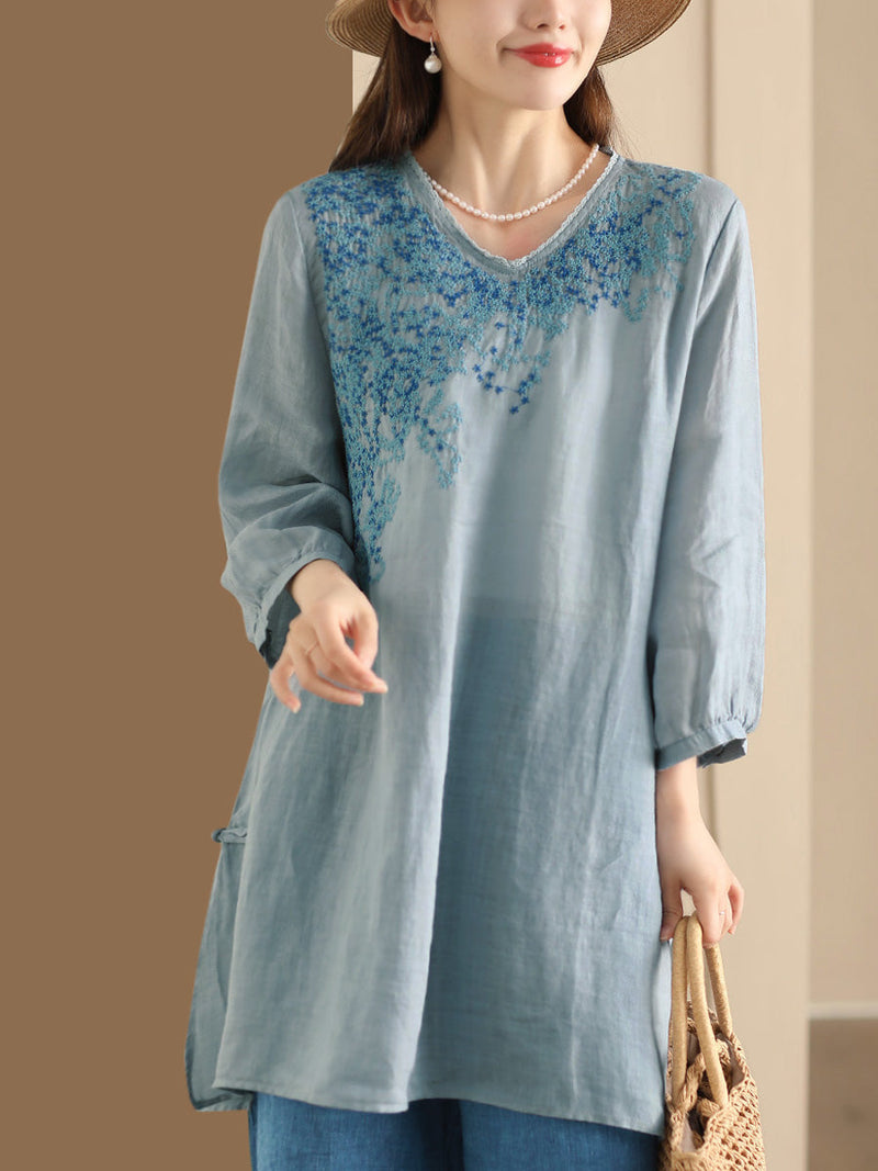 Summer Artsy Embroidery Ramie Long Shirt