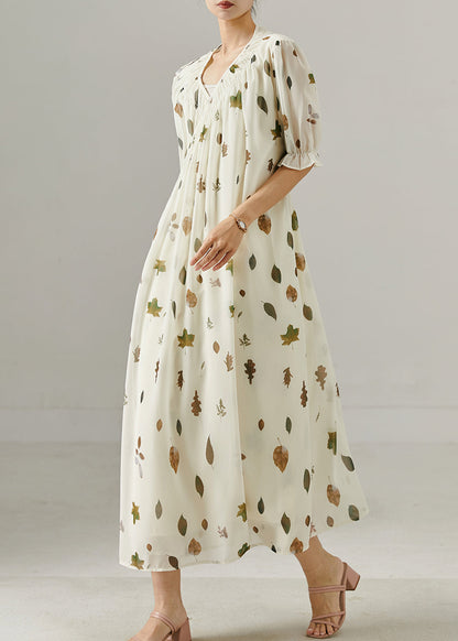 White V Neck Print Chiffon Maxi Dress Summer